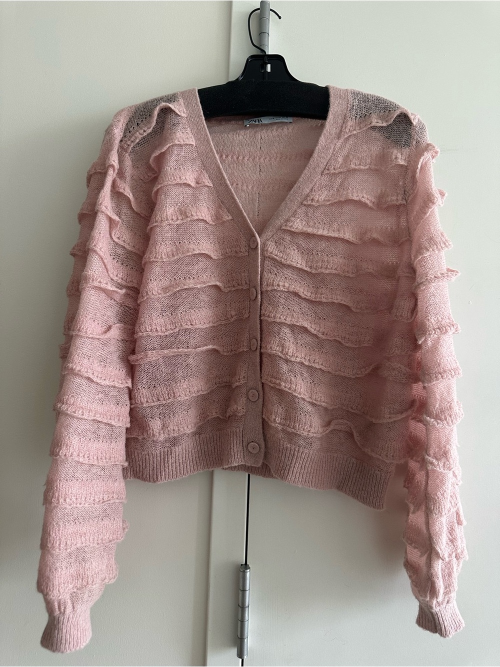 Zara Women’s Pink Ruffle Knit Cardigan Sweater -  Casual V-Neck